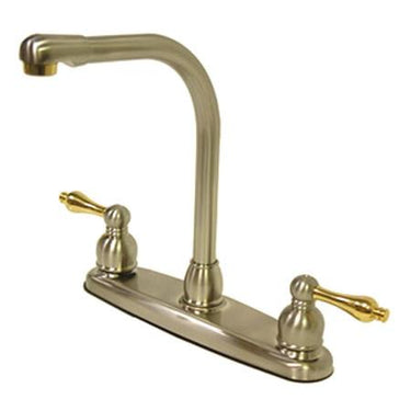 Kingston Brass Victorian High Arch Kitchen Faucet with Lever Handles, Satin Nickel with Polished Brass Kitchen Faucet Kingston Brass